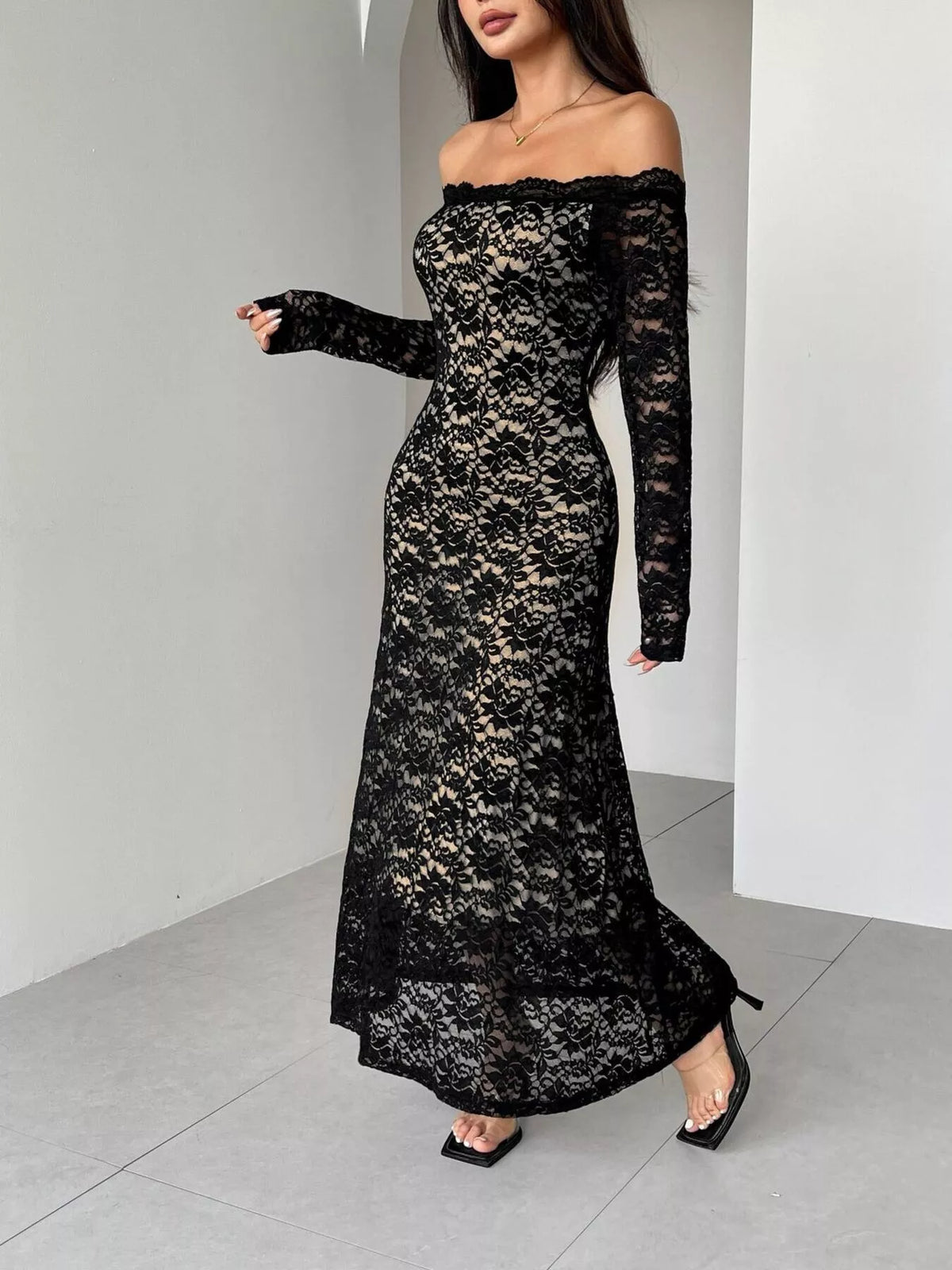 Off-Shoulder Lace Maxi Dress in Black