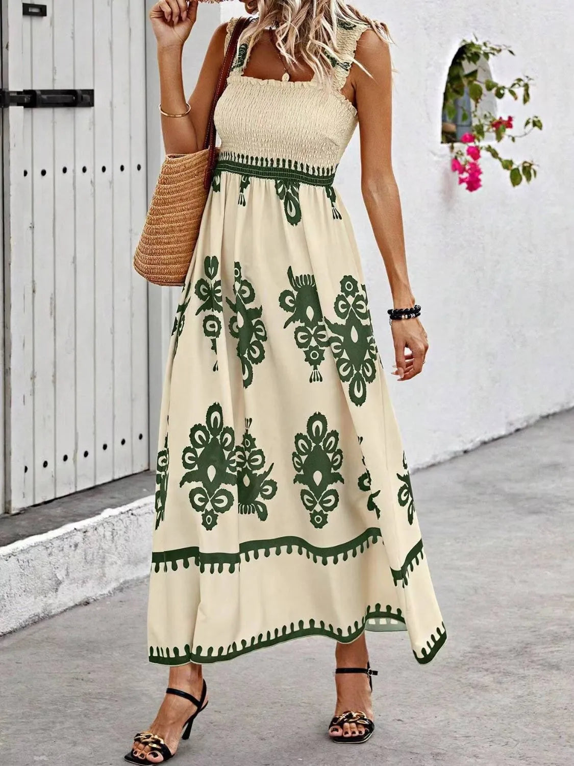 Smocked Wide Strap Maxi Dress