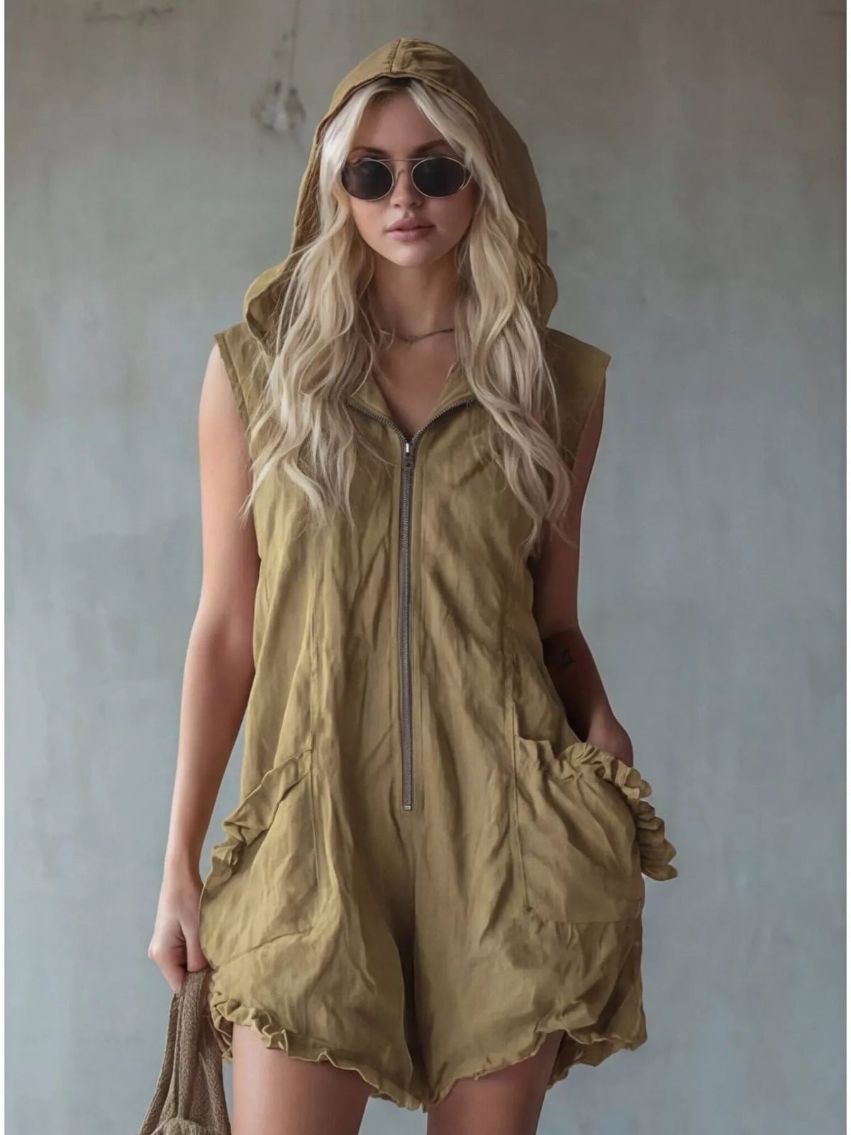 Hooded Zipper Romper with Ruffled Pockets