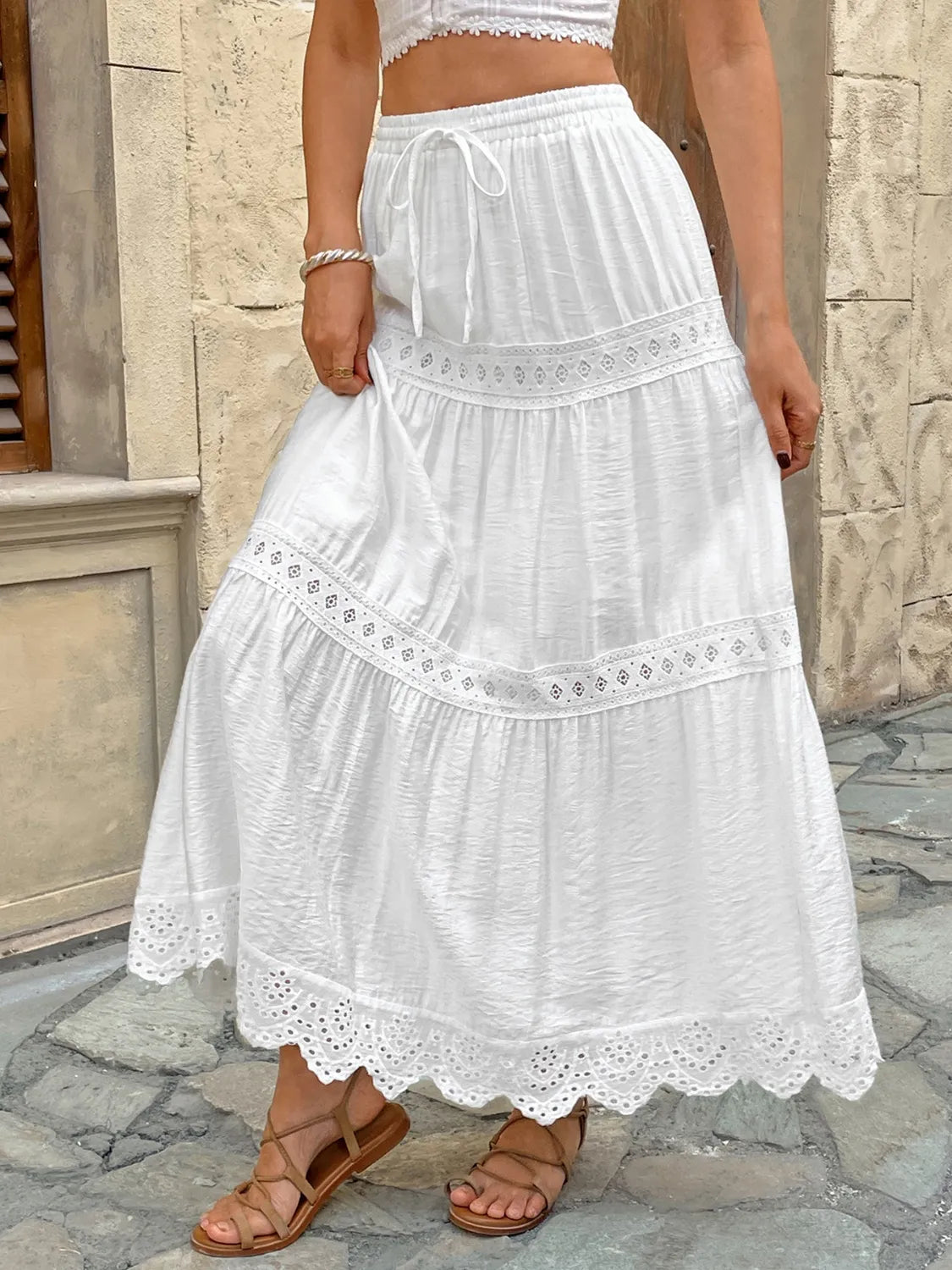 Lace Detail Elastic Waist Skirt in White