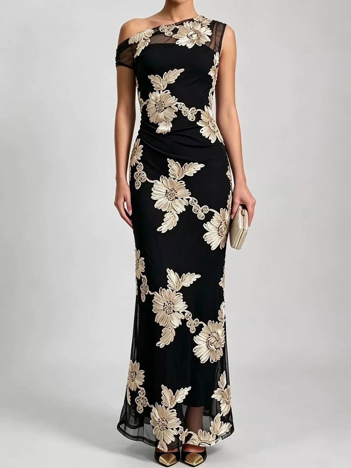 One-Shoulder Embroidered Maxi Dress