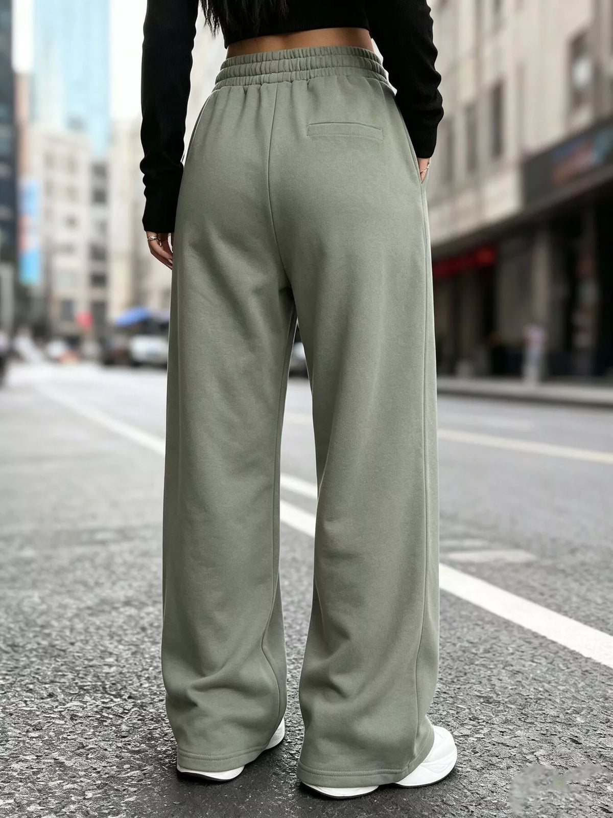 High-Waisted Wide-Leg Sweatpants in Grayish Green