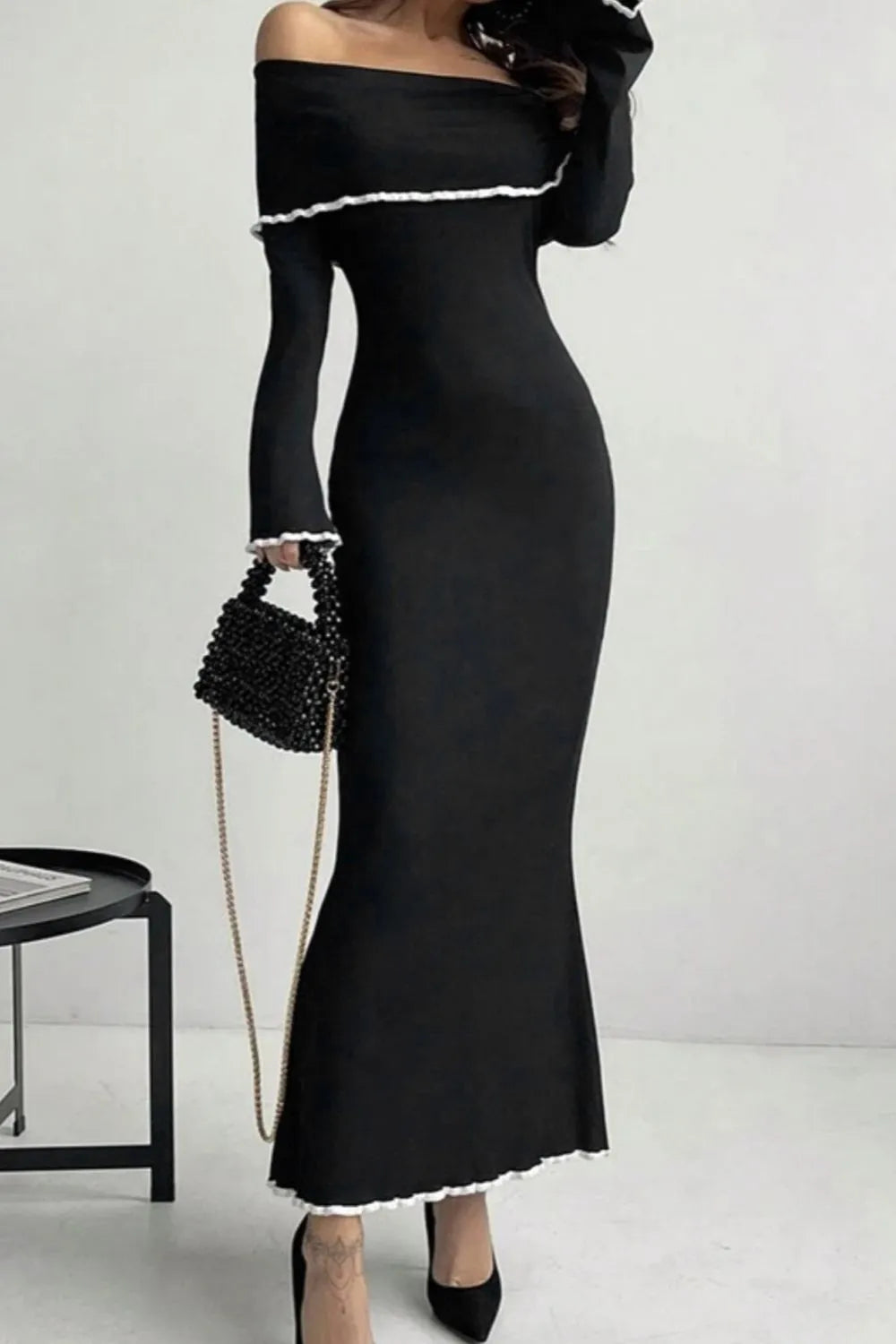 Contrast Trim Off-Shoulder Long Sleeve Maxi Sweater Dress in Black