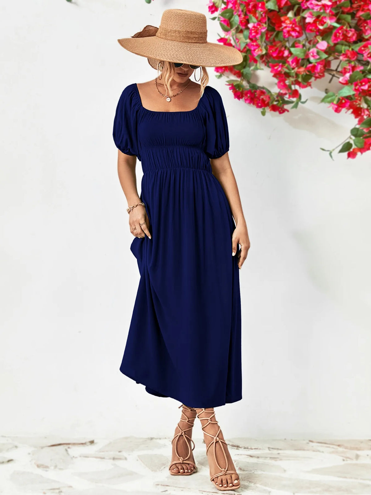 Off-Shoulder Puff-Sleeve Smocked Maxi Dress