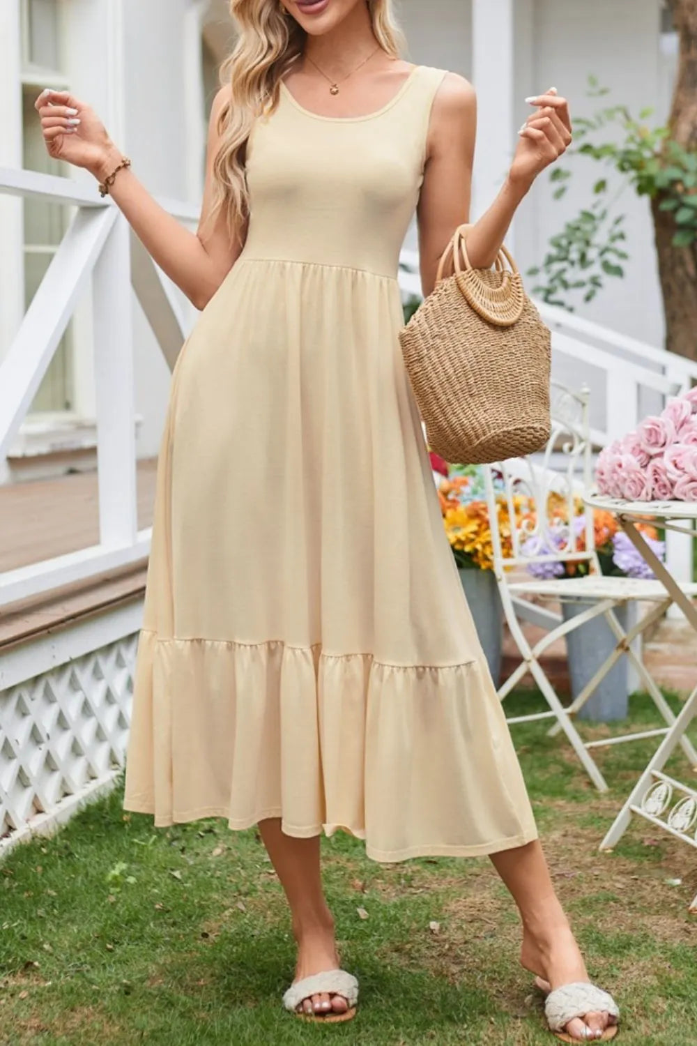 Round Neck Wide Strap Tank Dress by Gen Beauty