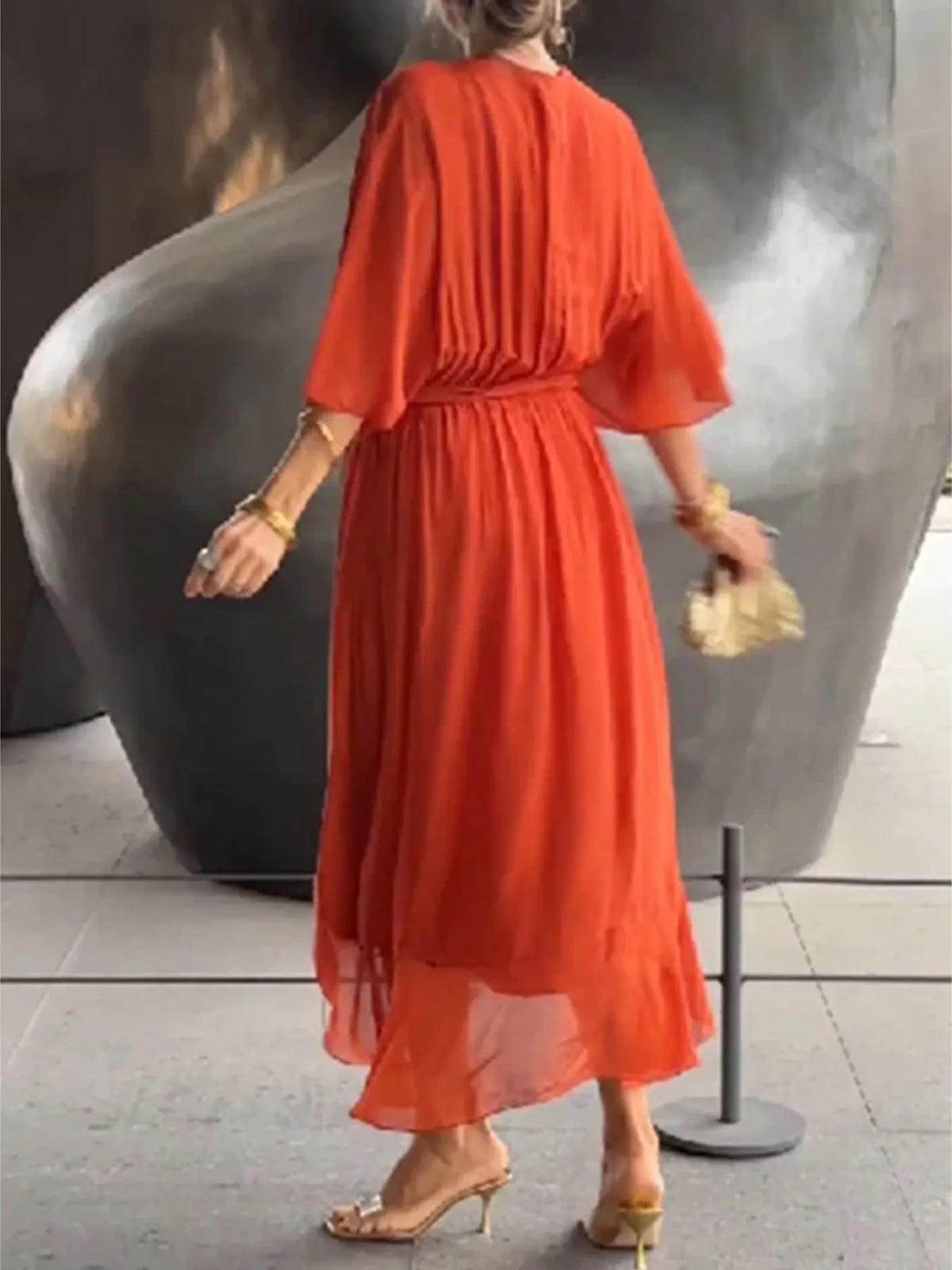 Flowy Tie-Front Midi Dress with Flutter Sleeves