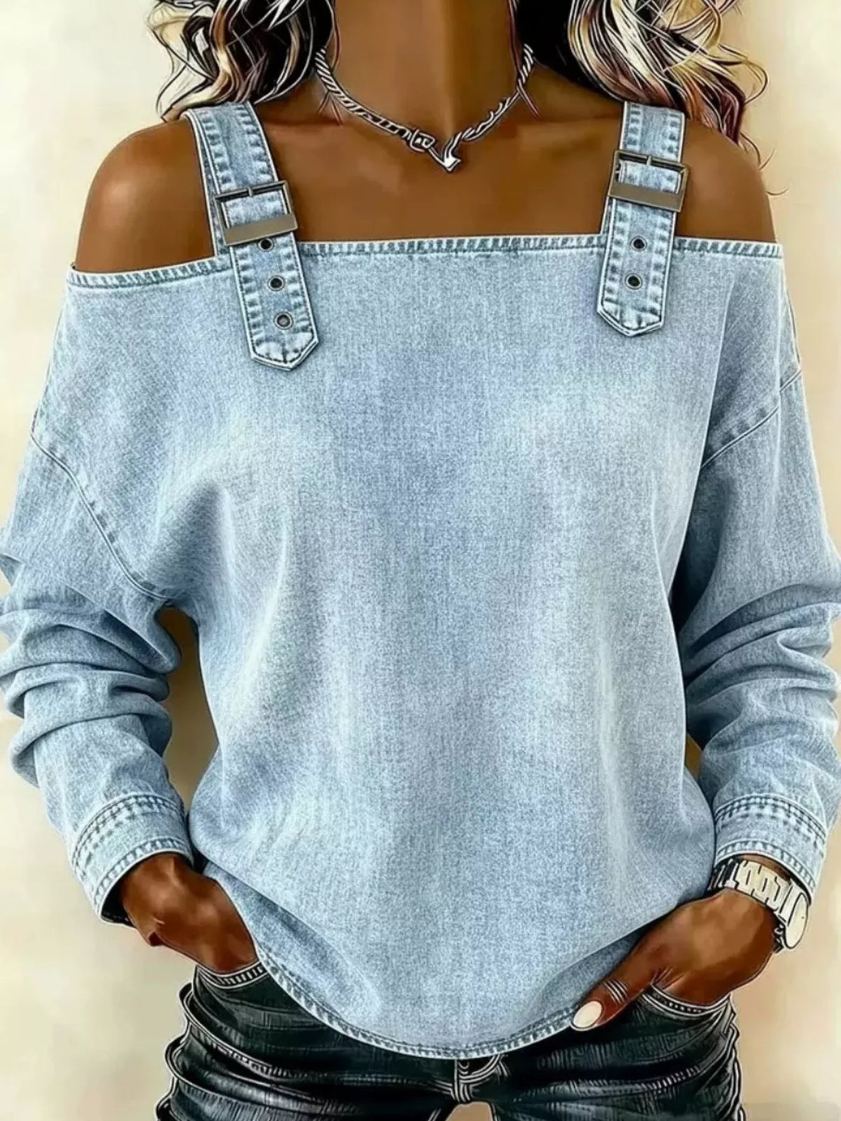 Long Sleeve Buckle Strap Denim Top