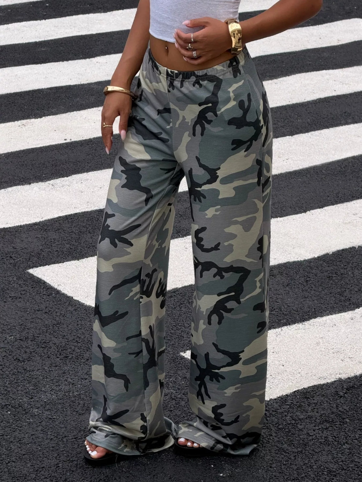 Wide-Leg Casual Pants in Green Camouflage