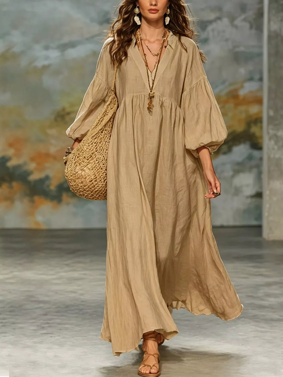 Notched Neck 3/4 Sleeve Maxi Dress