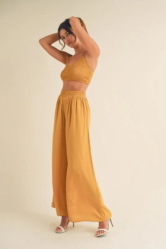 Smocked Bralette Crop Top & Wide Leg Pants Set in Gold Mustard