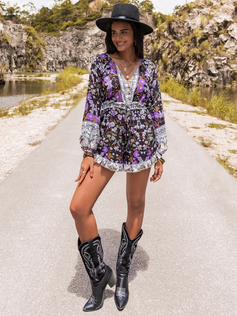 Balloon Sleeve Romper in Mauve