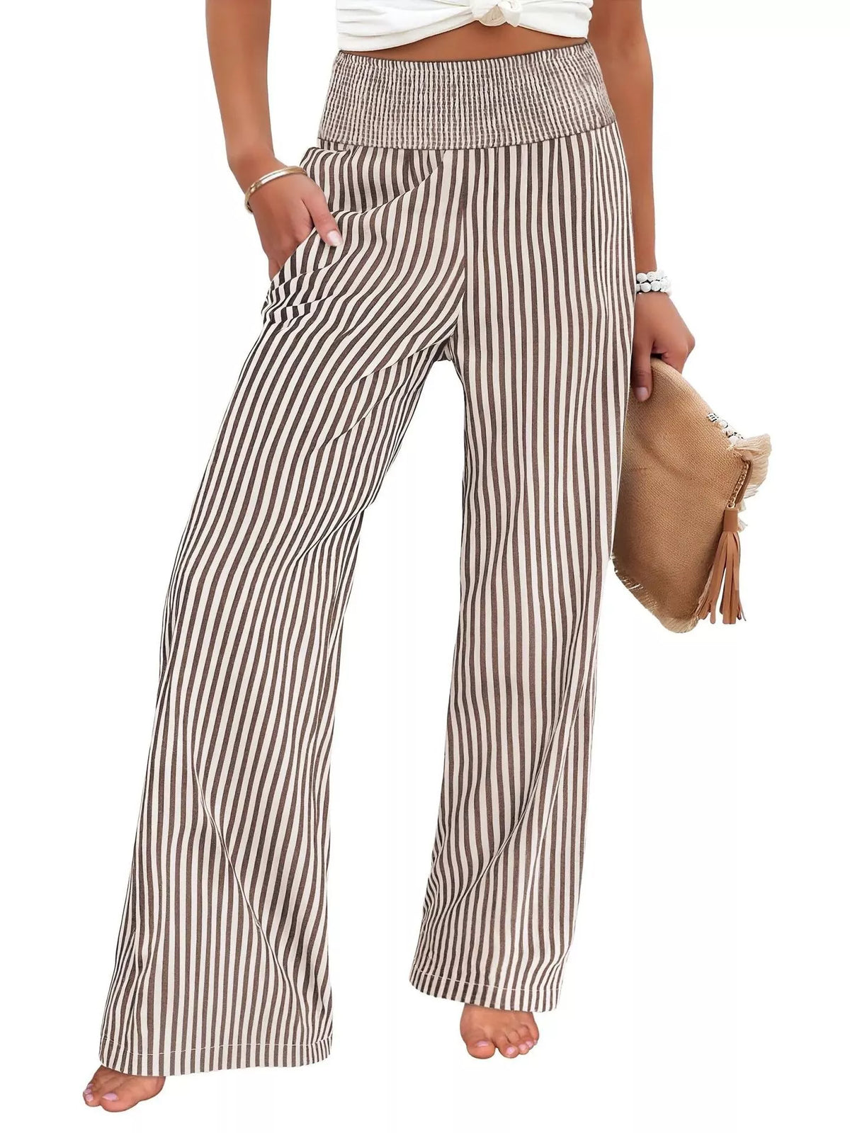 Striped Smocked Wide-Leg Pants