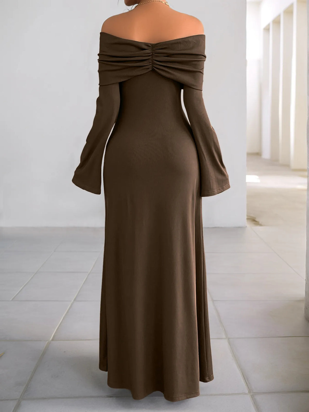 Off-Shoulder Ruched Bodycon Maxi Dress in Coffee Brown