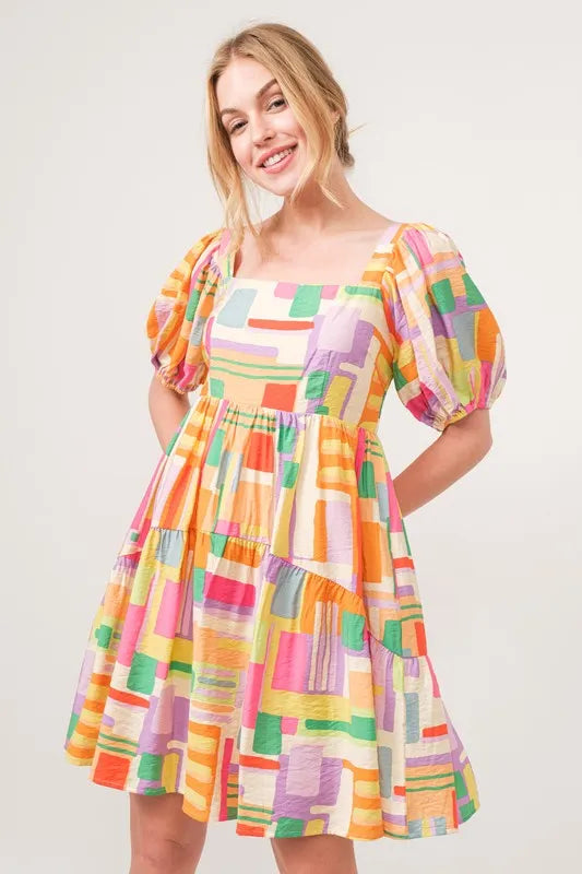 And The Why Geo Print Mini Dress in Yellow Multi