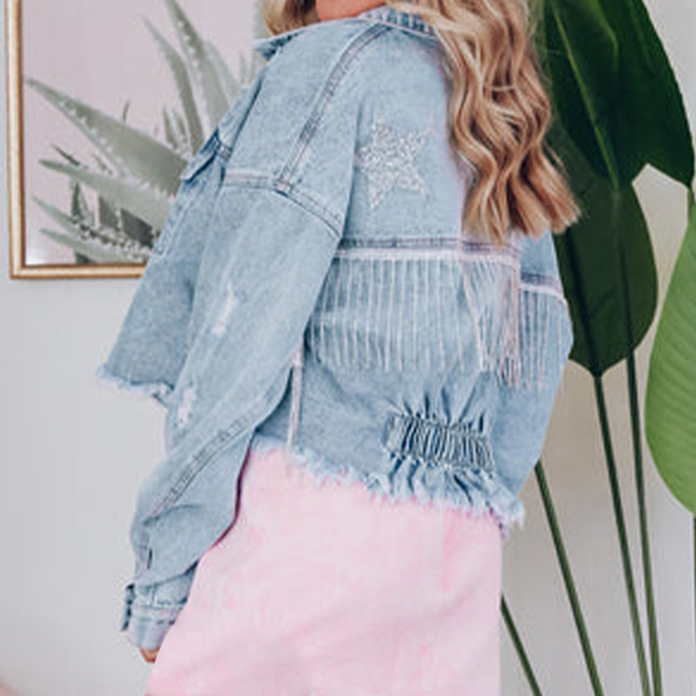 Buttoned Raw Hem Denim Jacket in Light Wash by Y.Y@Denim