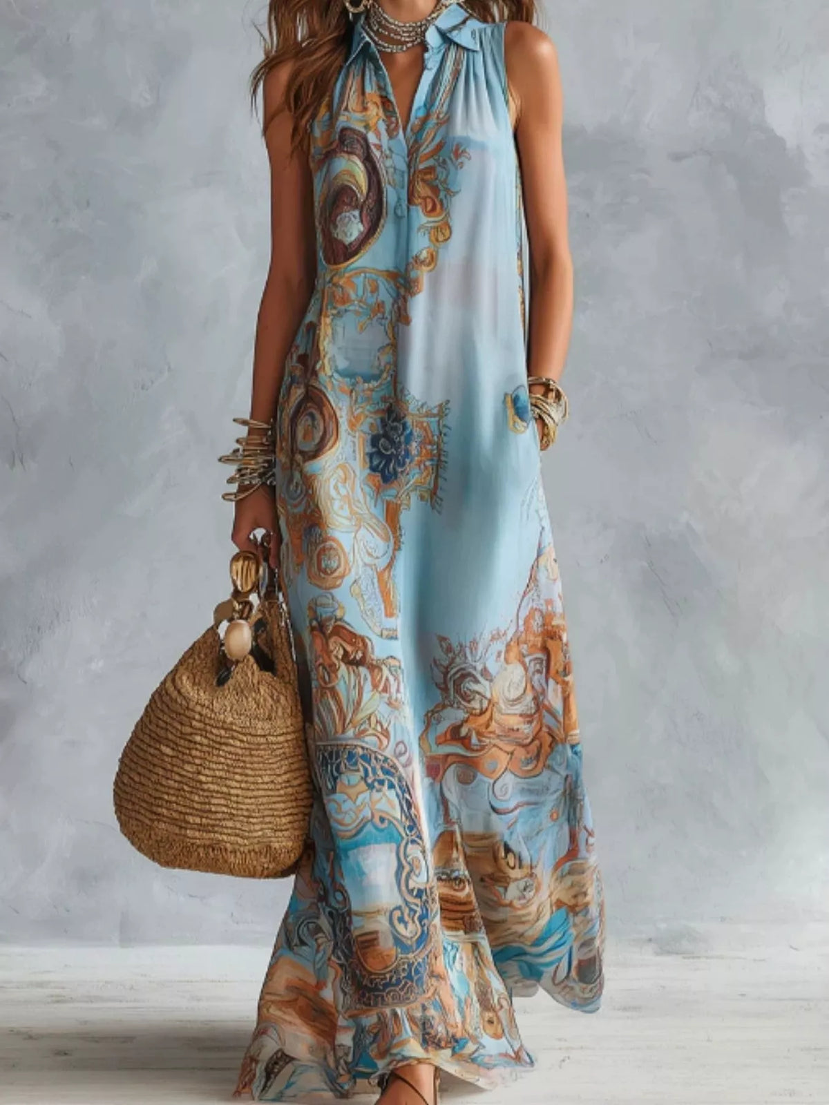 Bohemian Sleeveless Button-Down Maxi Shirt Dress by Kaelinne