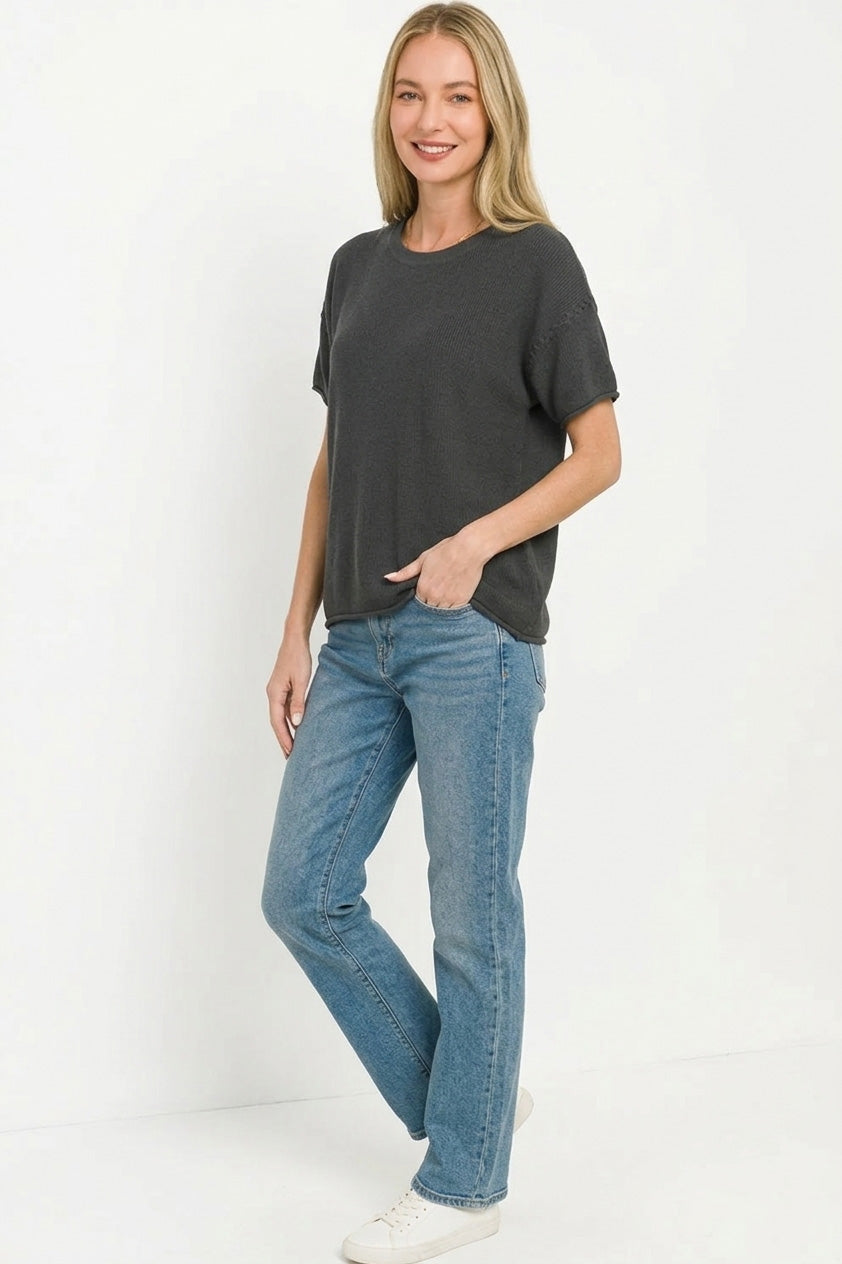 Zenana Round-Neck Short Sleeve Sweater in Black