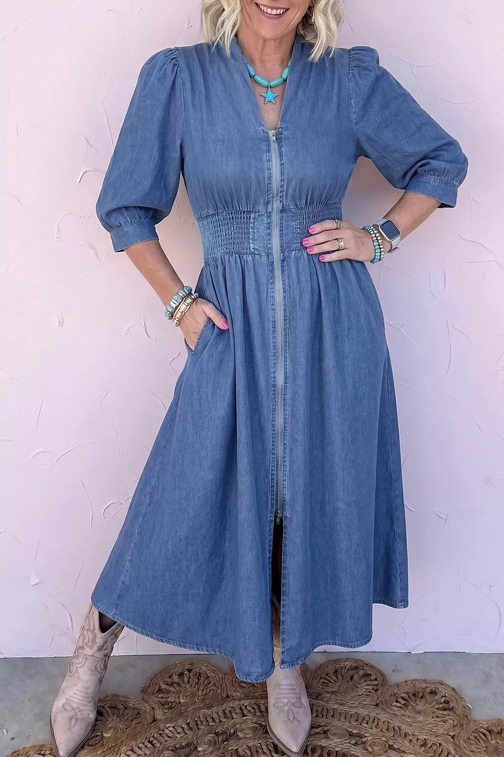 V-Neck Shirred Waist Denim Midi Dress in Peacock Blue in Peacock  Blue