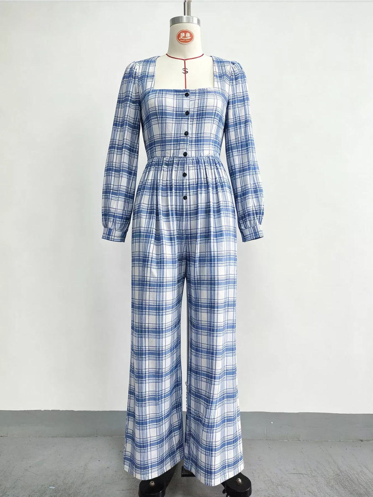 Plaid Square-Neck Wide-Leg Jumpsuit