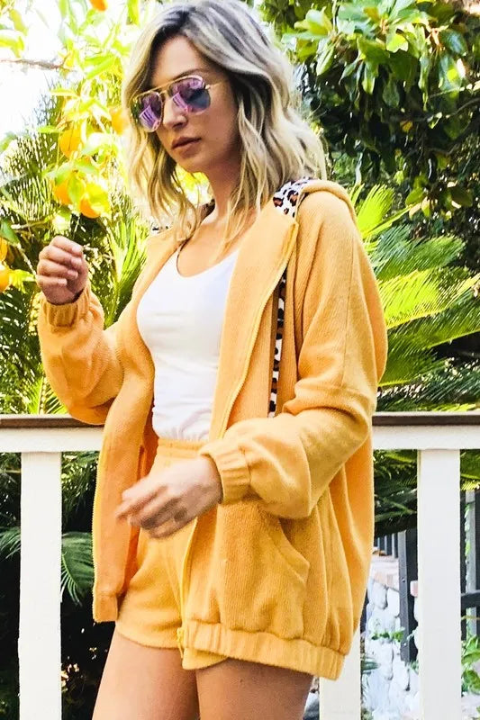And The Why Leopard Knit Hoodie & Shorts Set in Warm Yellow