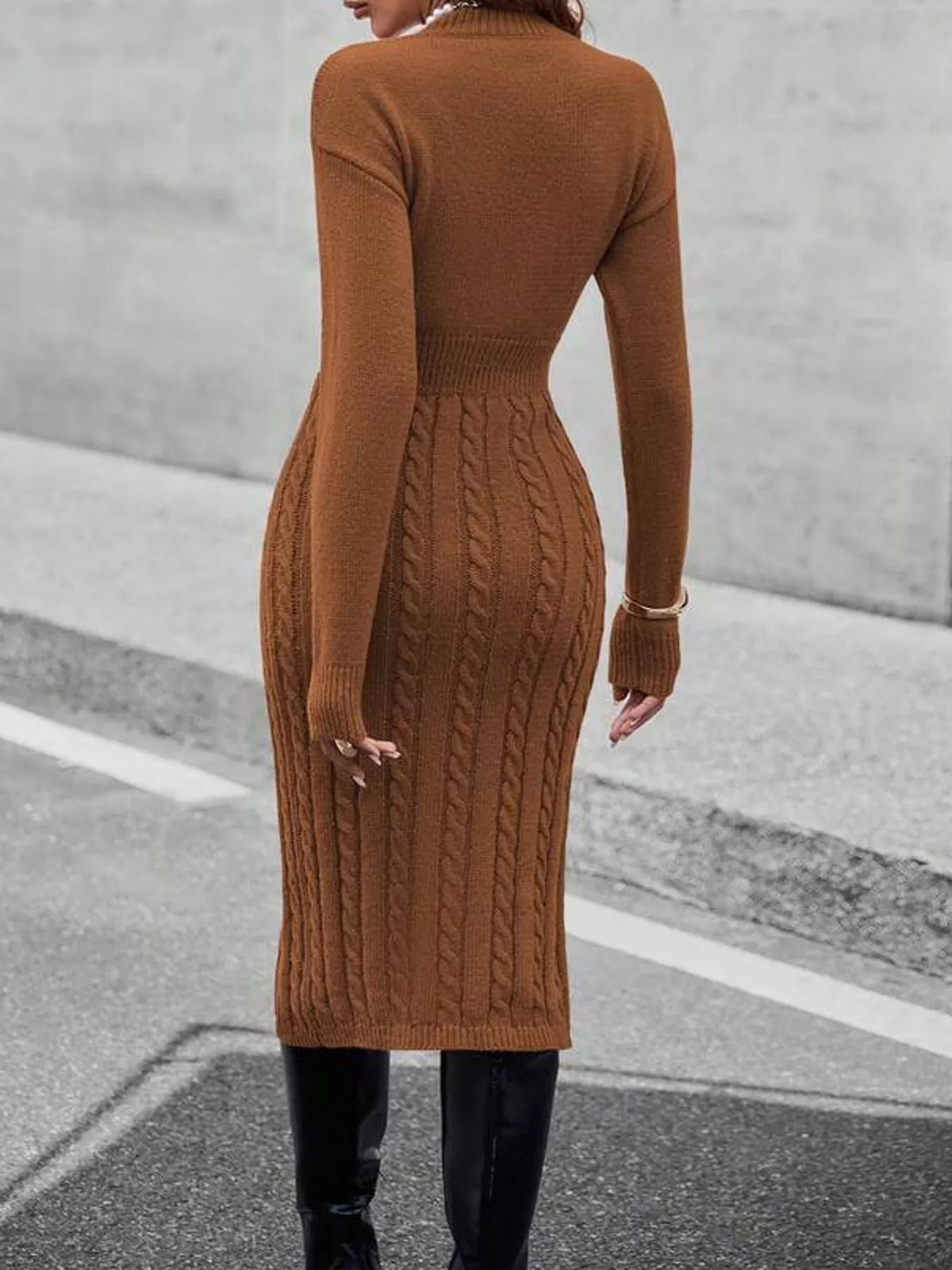Mock Neck Cable Knit Sweater Dress with Front Slit