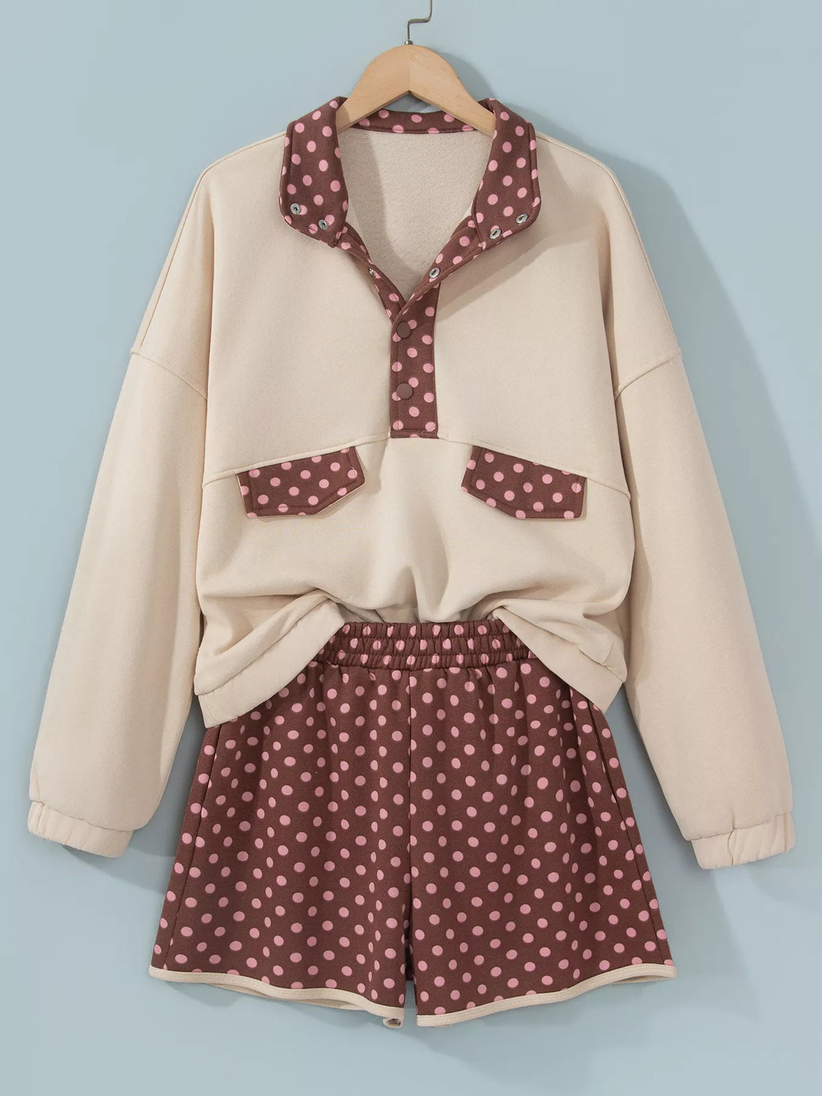 Polka Dot Baggy Pullover & Shorts Set in Beige