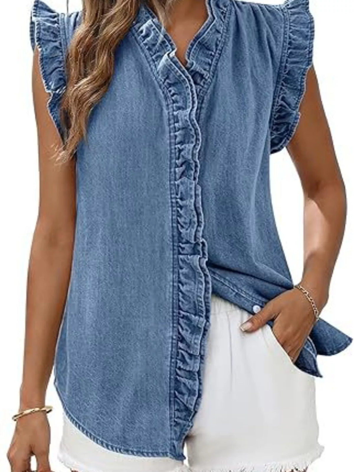 Ruffle Trim V-Neck Denim Top