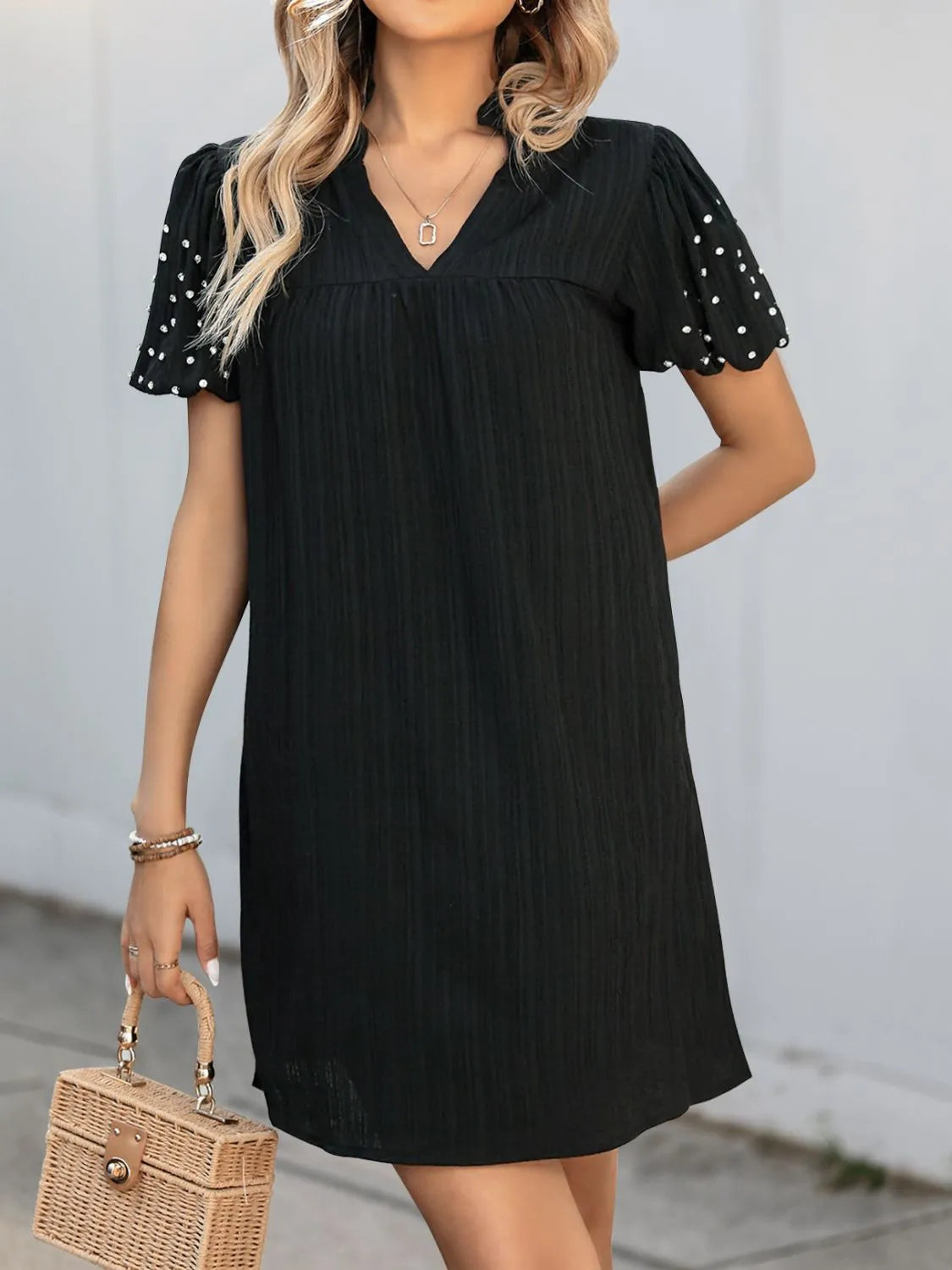 Textured V-Neck Mini Dress in Black