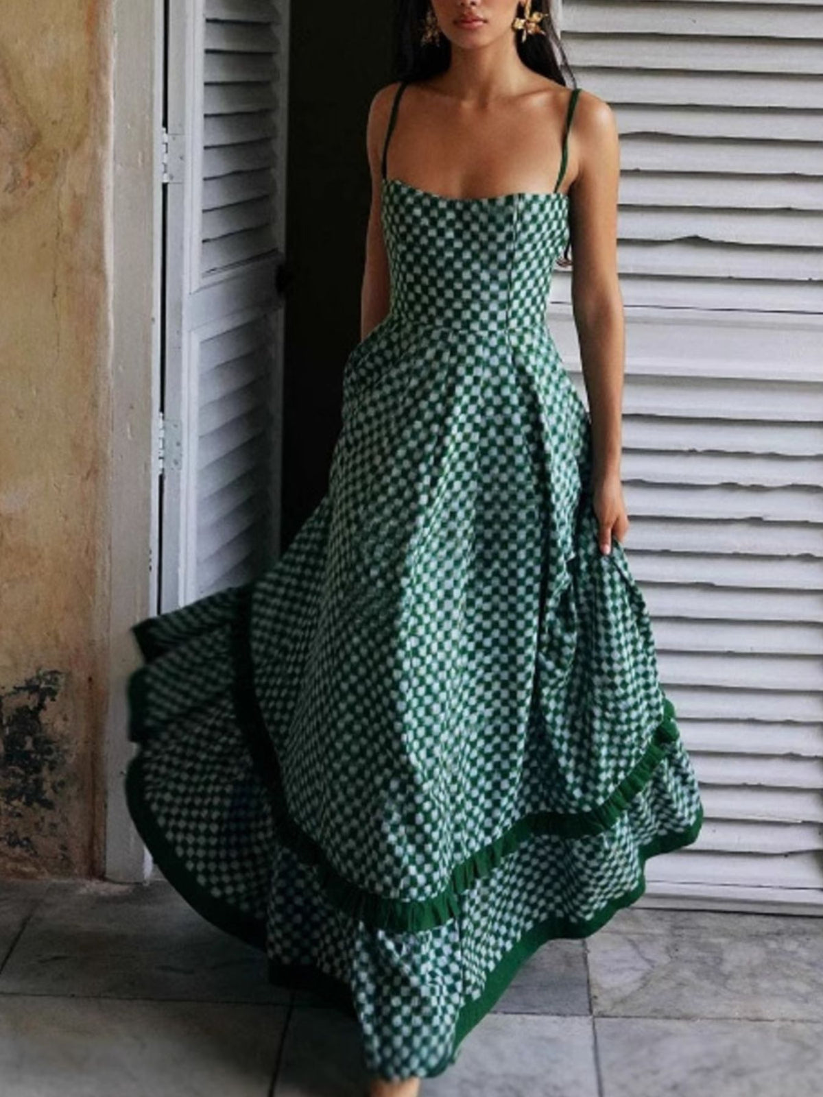 Checkered Spaghetti Strap Maxi Dress in Green
