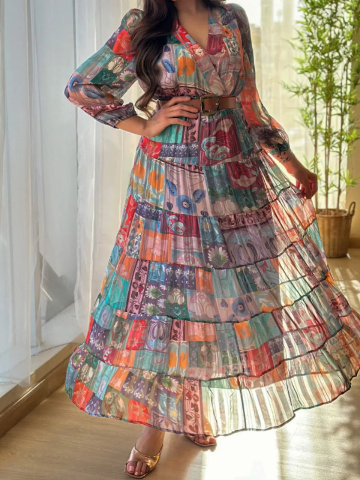 Printed Surplice Long Sleeve Maxi Dress in Multicolor