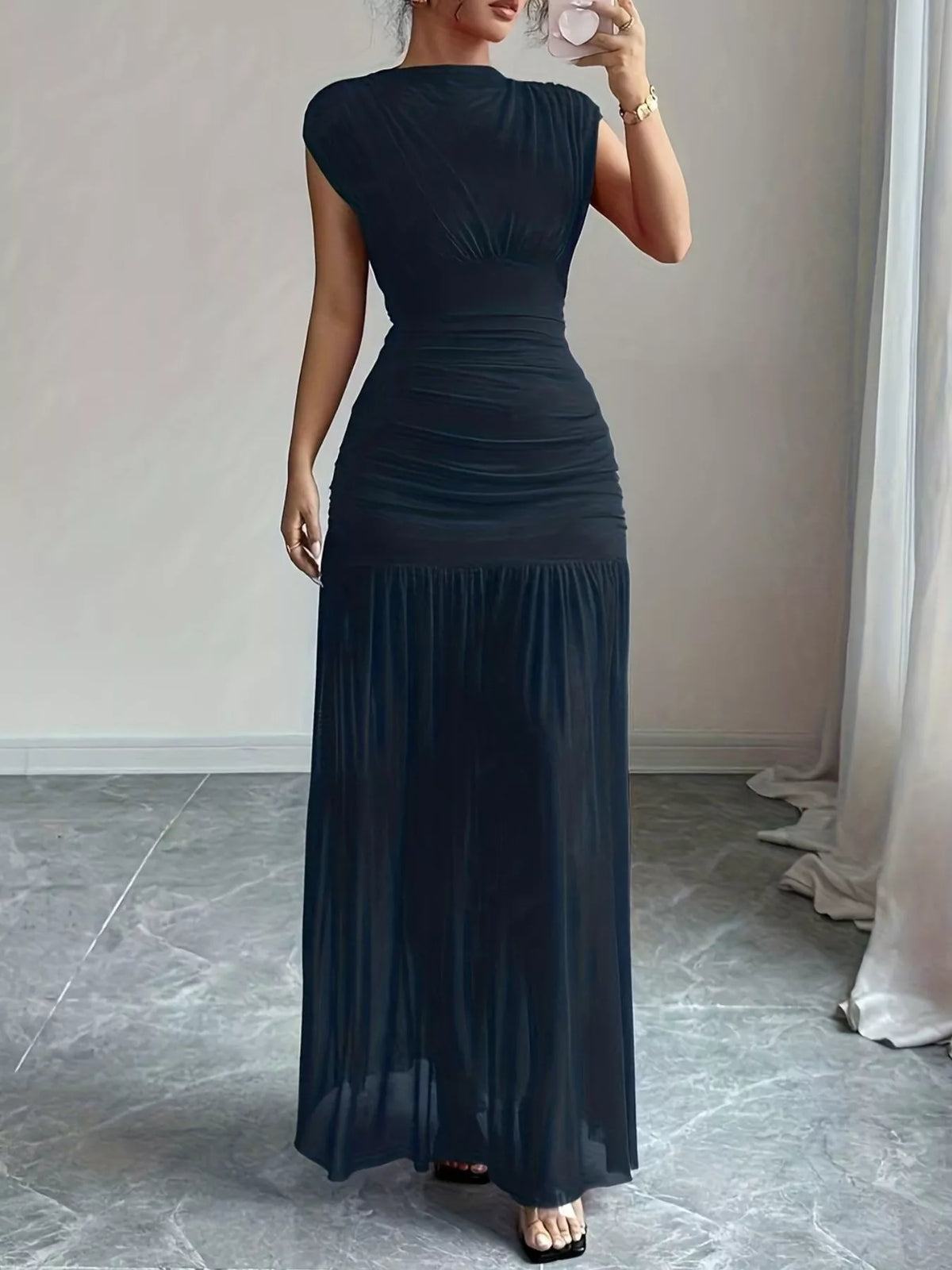 Ruched Bodycon Maxi Dress in Navy