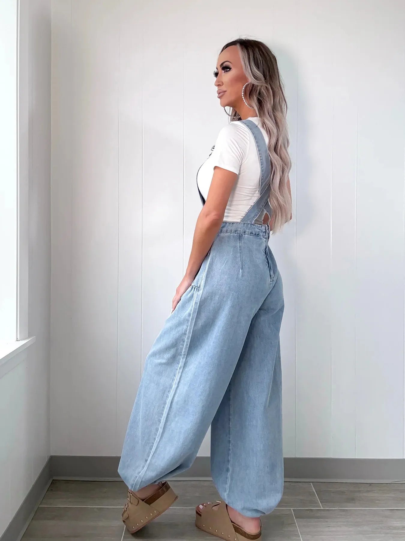 Wide Leg Denim Overalls in Light Blue