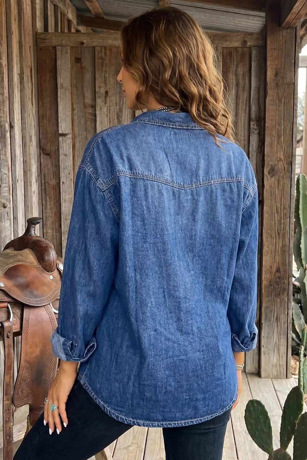 Western Patch-Pocket Denim Tunic in Dusty Blue