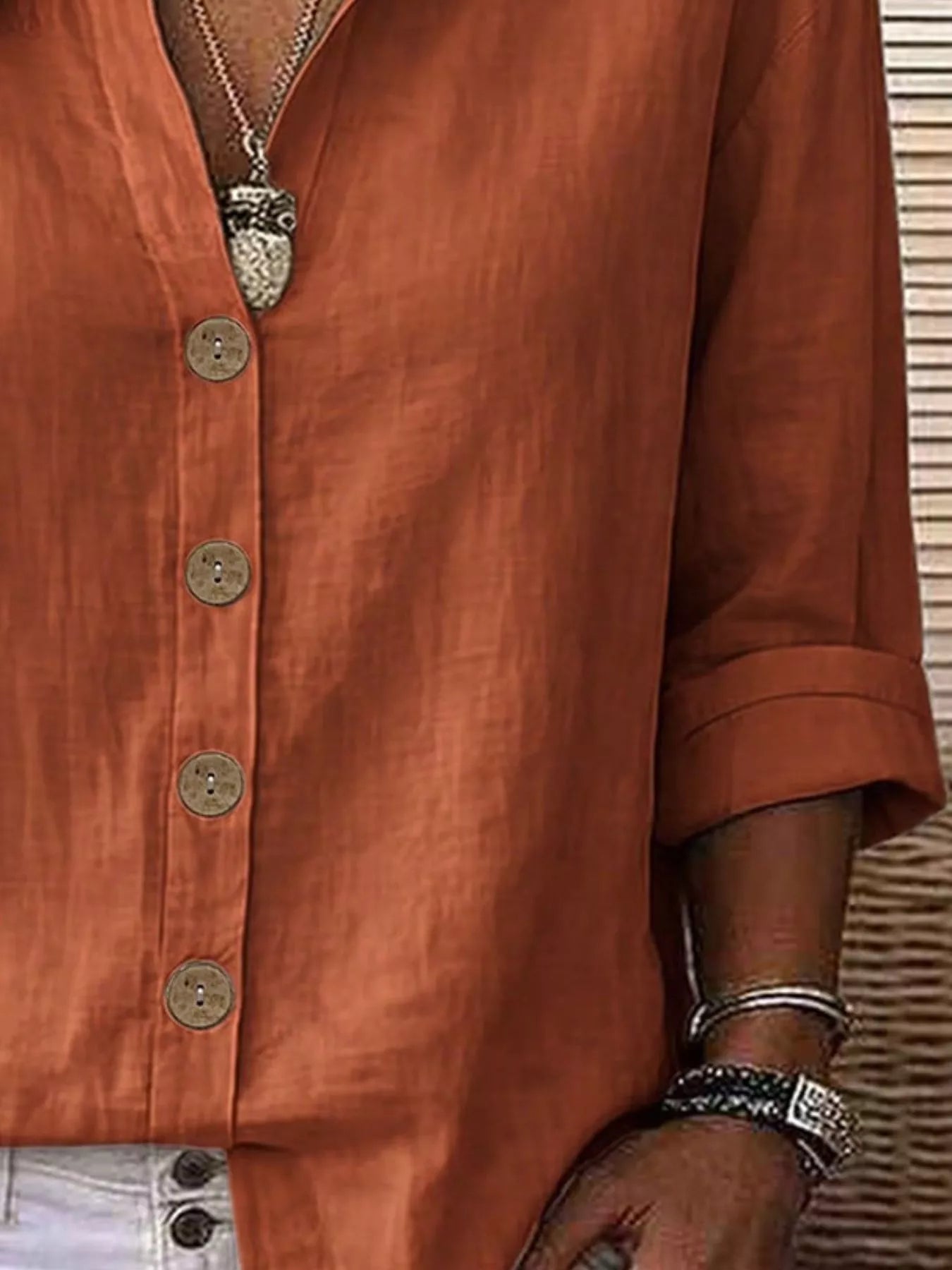 V-Neck Button-Up Long Sleeve Shirt