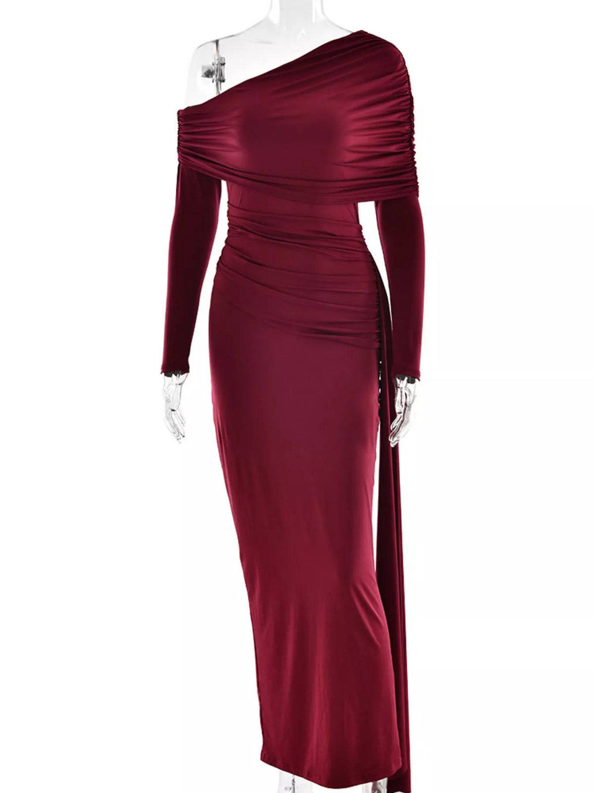 One-Shoulder Ruched Maxi Dress in Wine Red