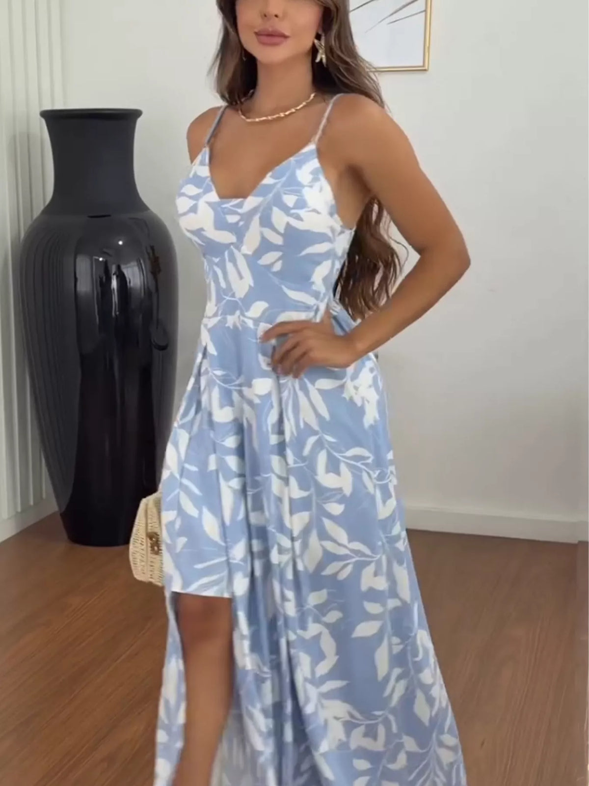 Printed Spaghetti Strap Slit Maxi Dress in Blue
