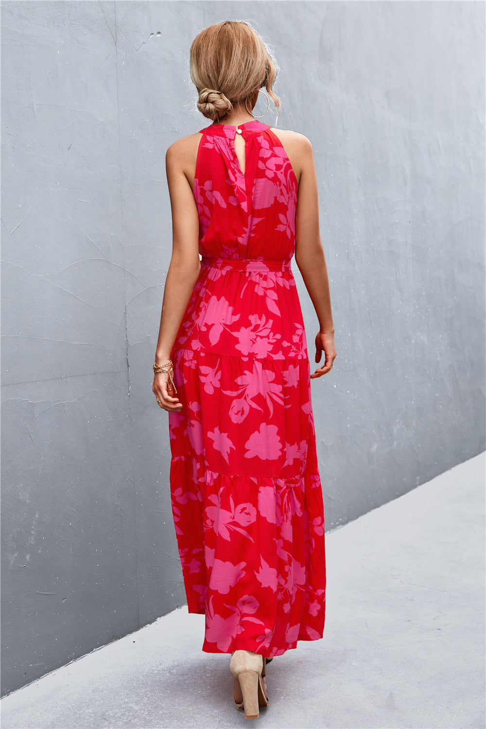 Printed Sleeveless Tie Waist Maxi Dress in Rose Floral in Rose/Floral