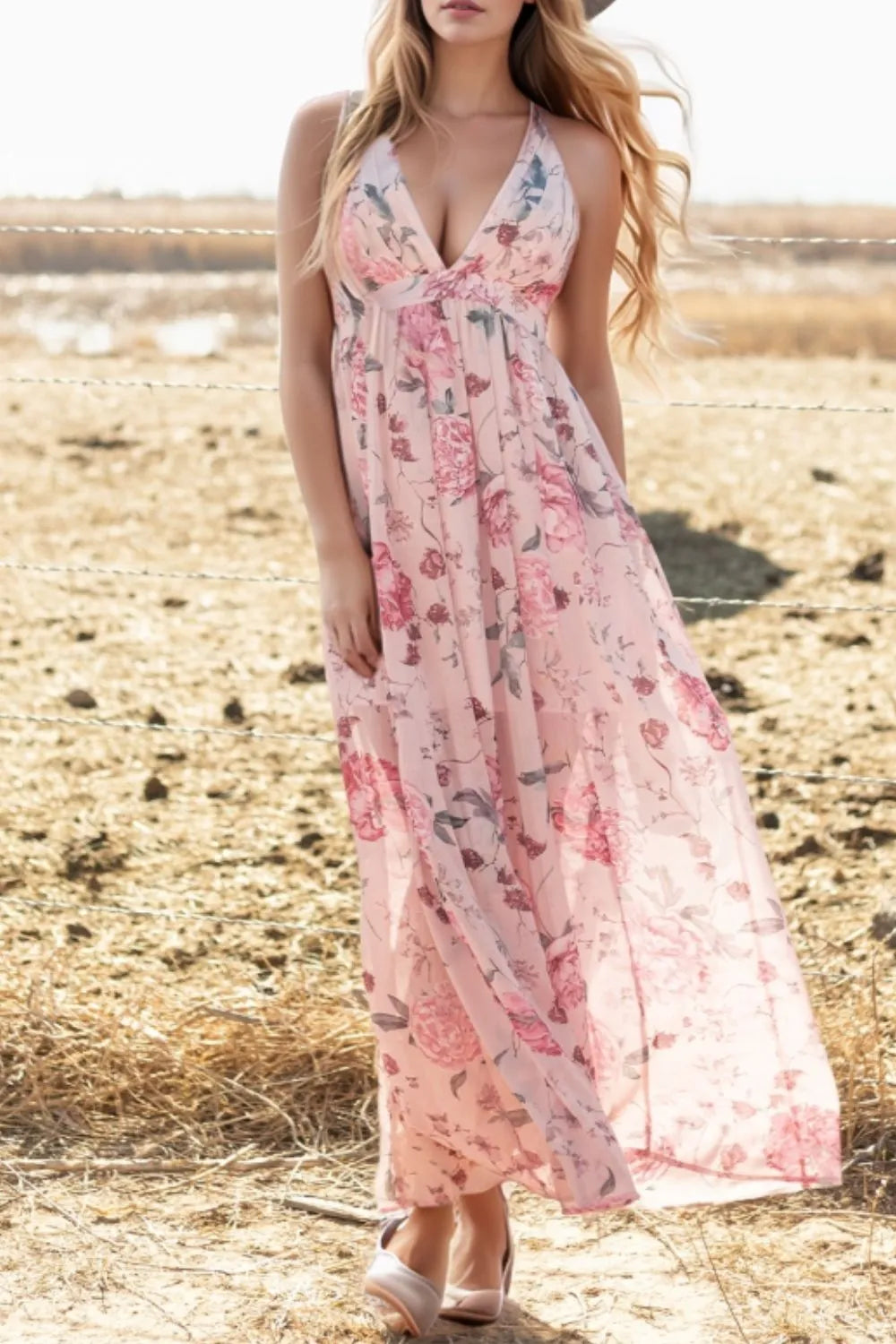 Floral Pleated Deep V Backless Maxi Dress in Blush Pink