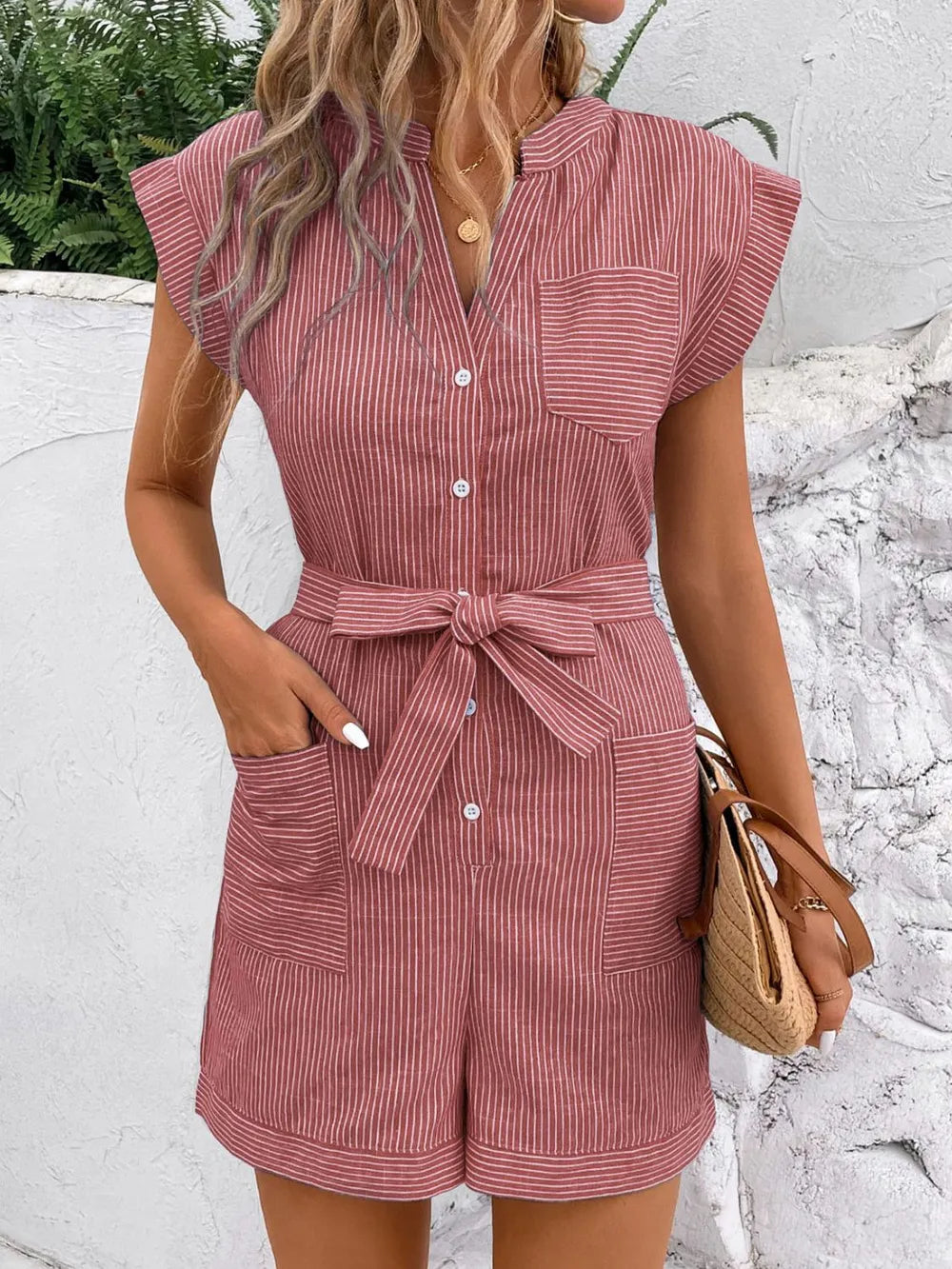 Notched Collar Striped Tie-Waist Romper