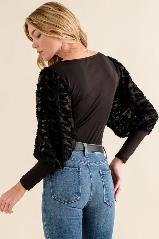 And The Why Puff Sleeve Bodysuit in Black