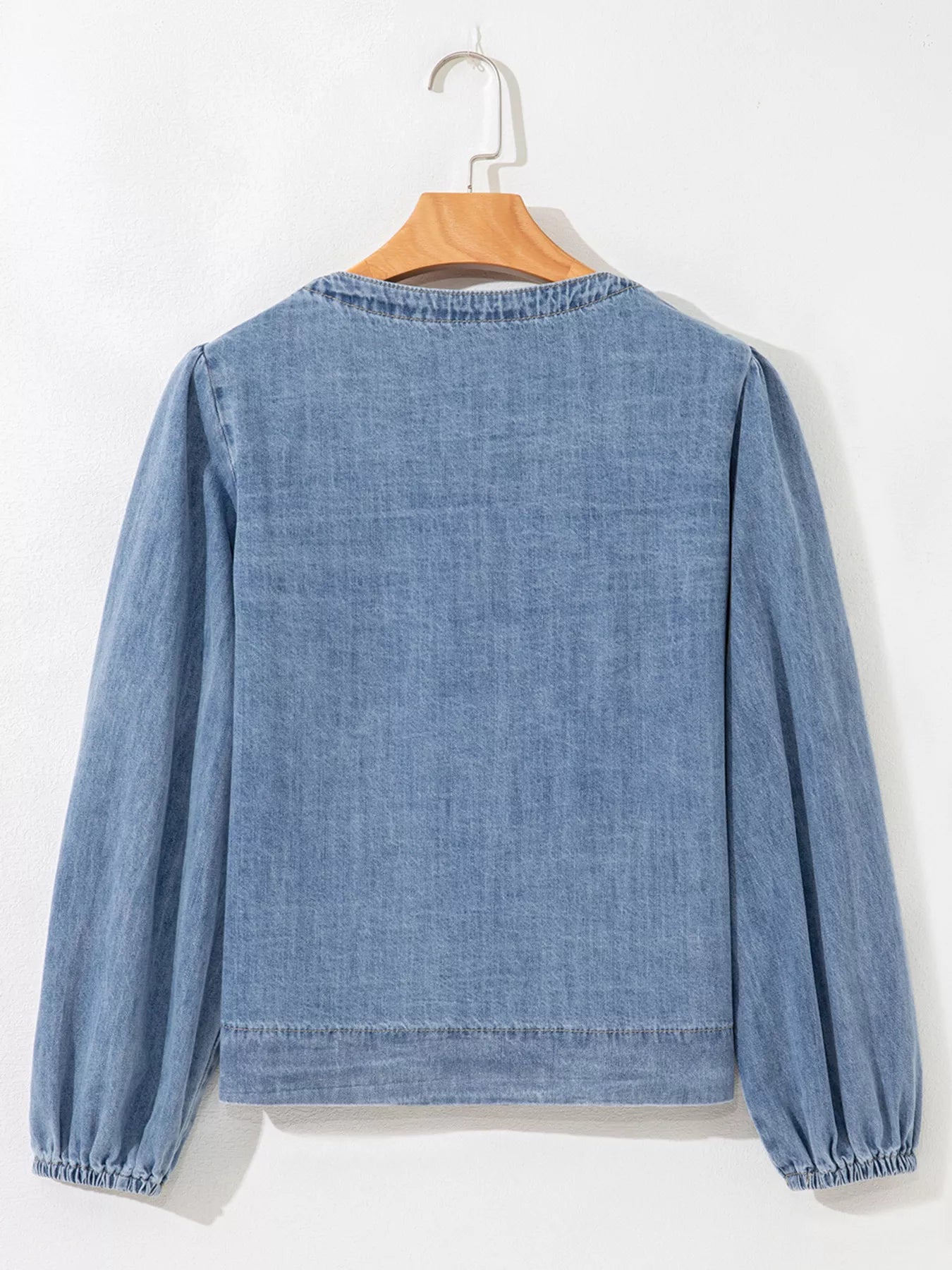 Tied Front Puff Sleeve Denim Top in Dusty Blue