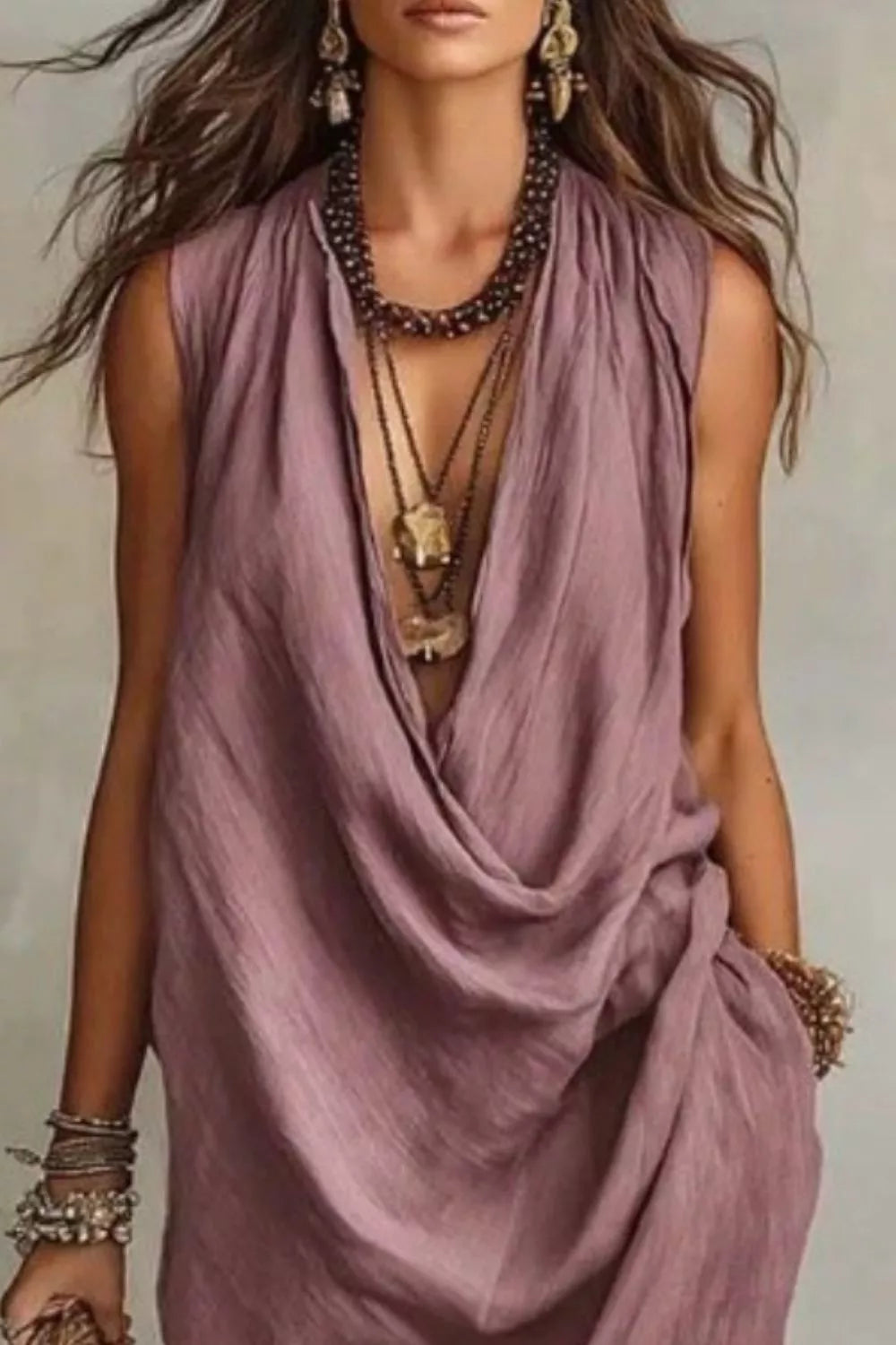 Sleeveless Drape-Neck Midi Dress with Pockets