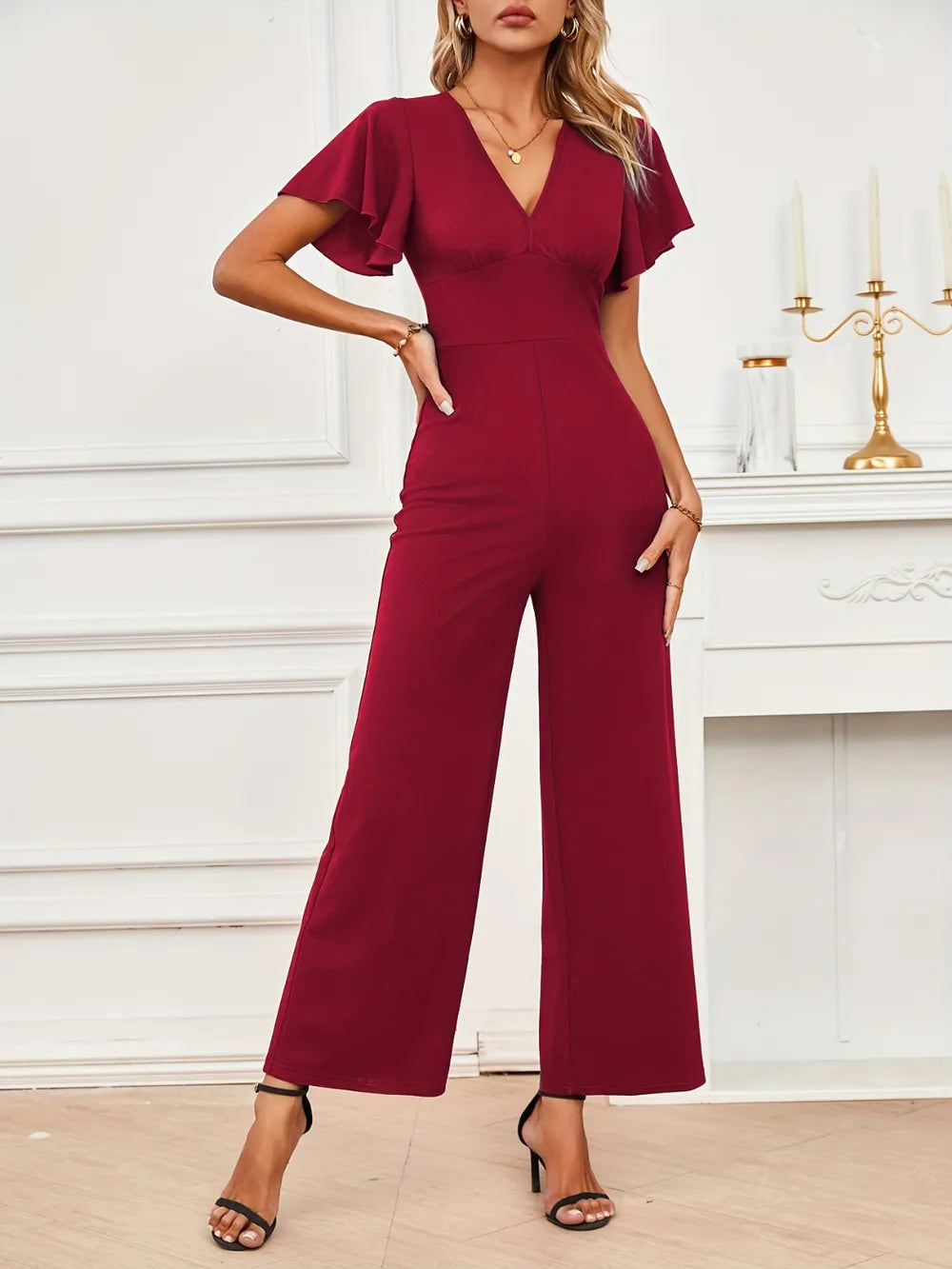 Flutter Sleeve V-Neck Jumpsuit
