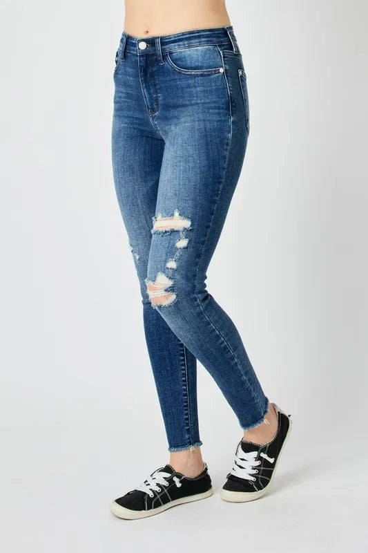Judy Blue High Waist Distressed Skinny Jeans in Dark Wash