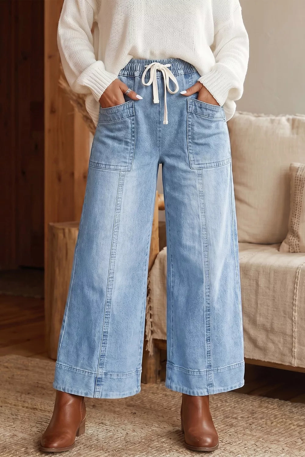 Drawstring Wide Leg Ankle Jeans in Light Blue
