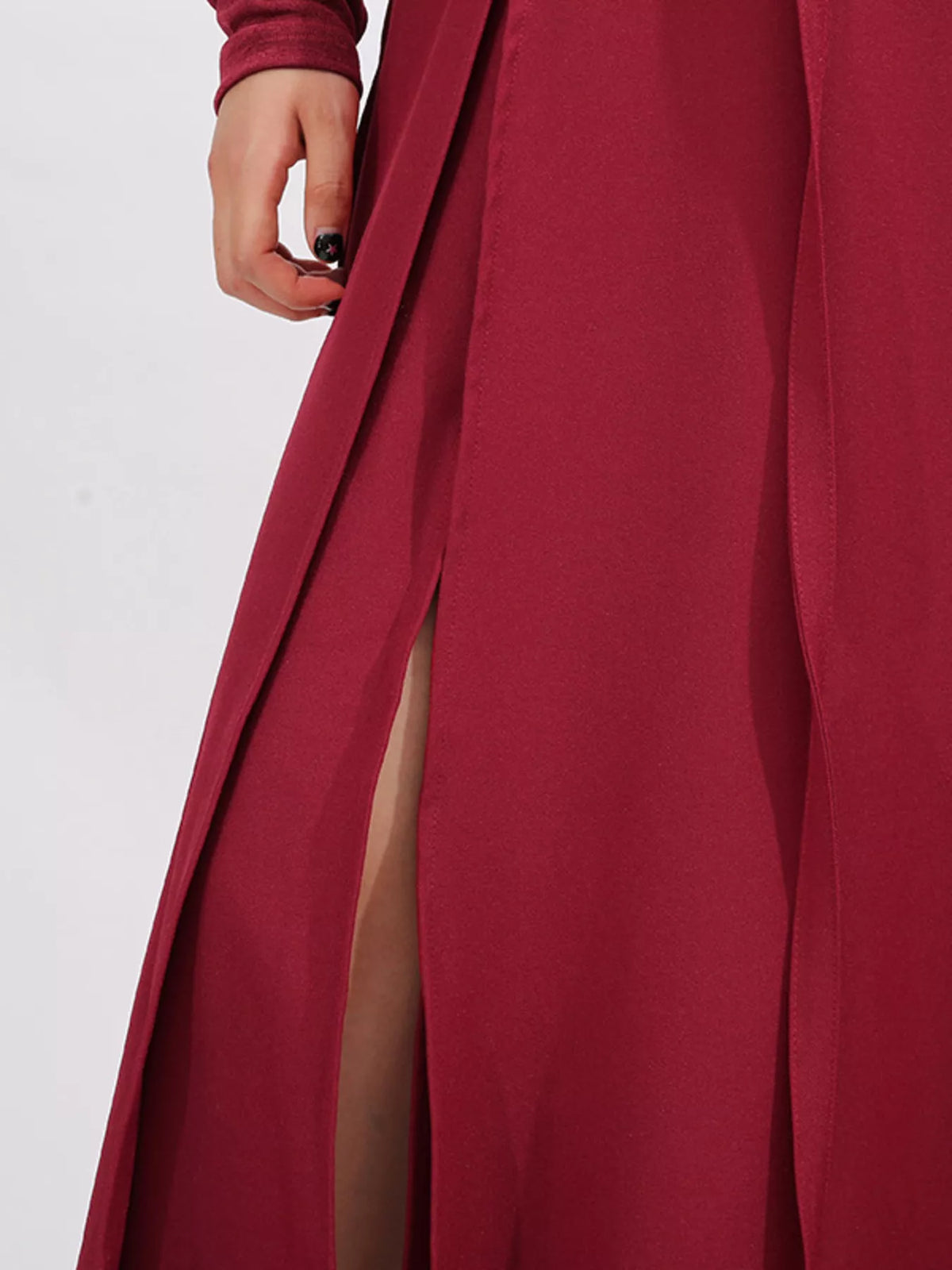 Belted Ruched Slit Long Sleeve Dress