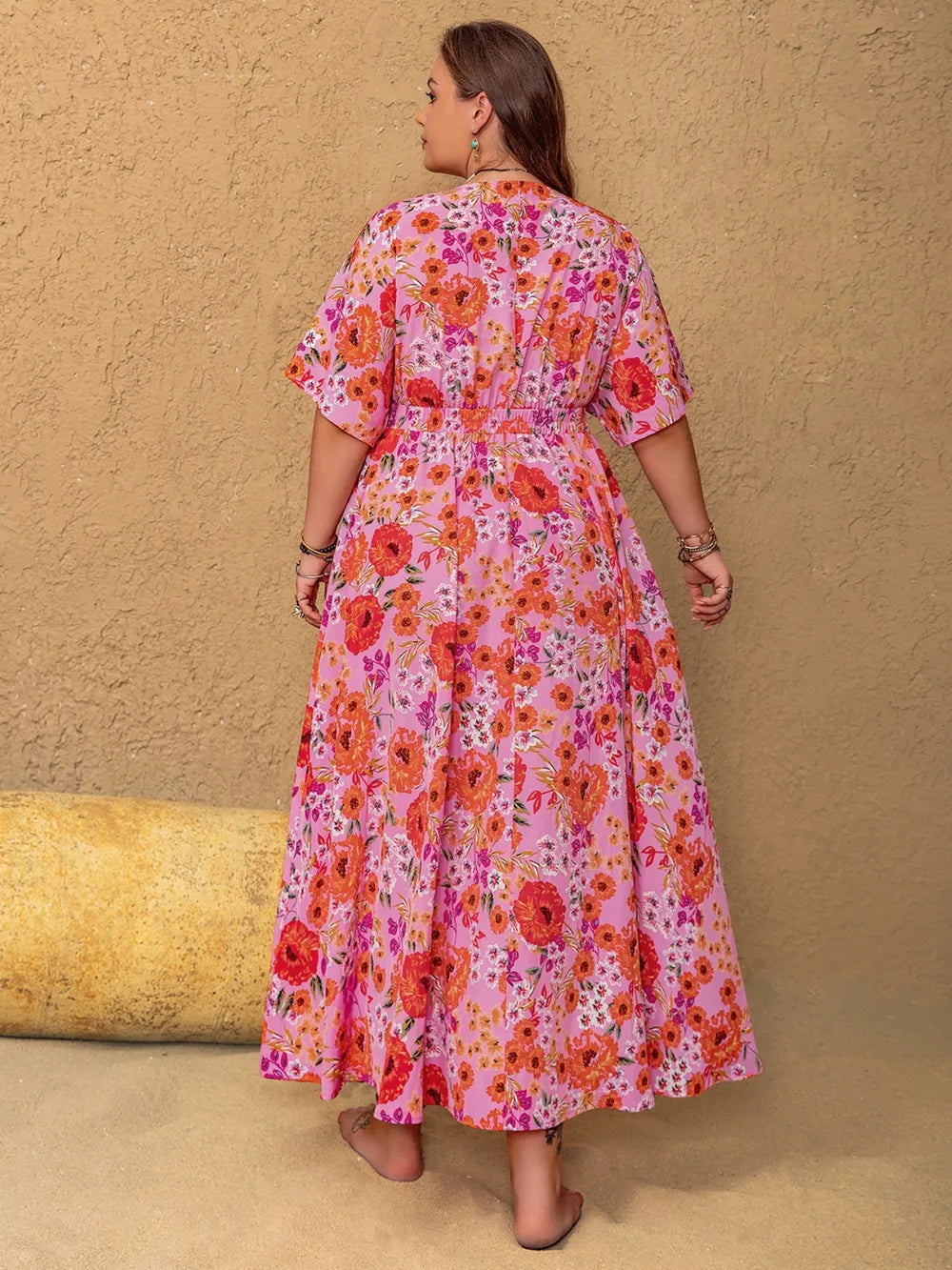 Floral V-Neck Maxi Dress in Fuchsia Pink