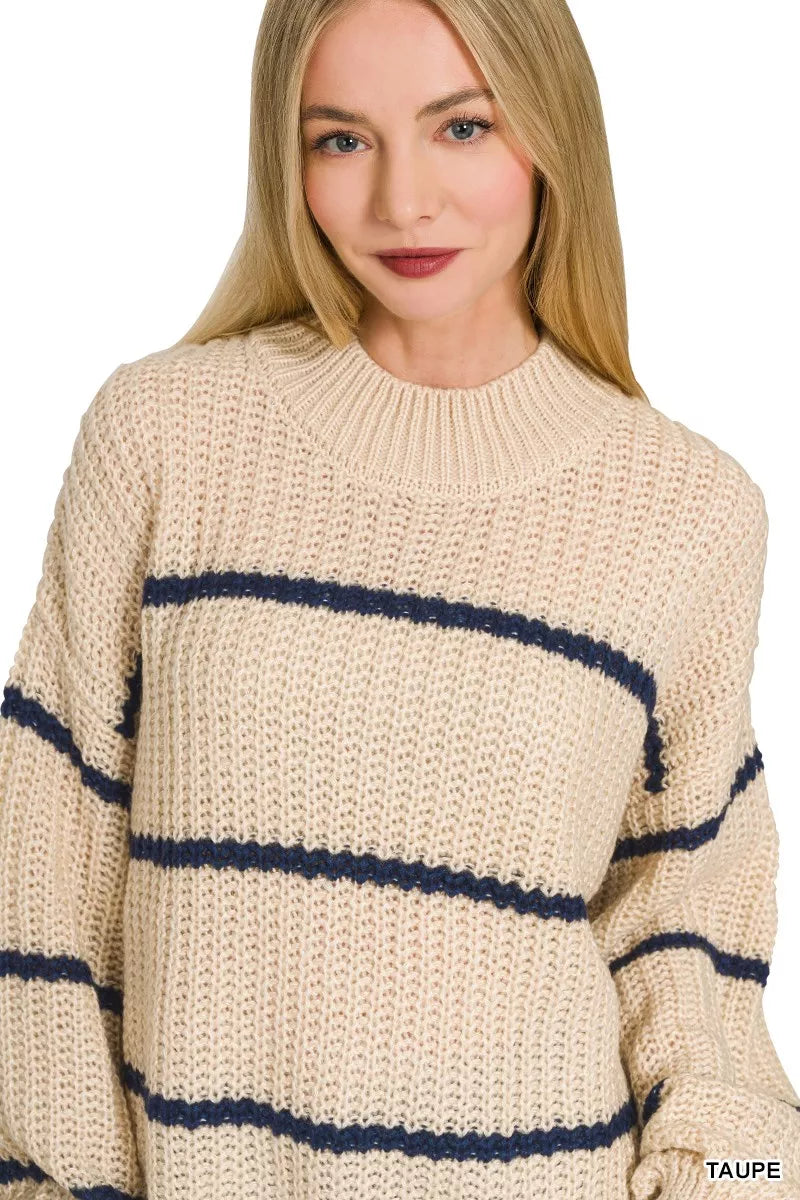 Zenana Oversized Striped Sweater in Taupe