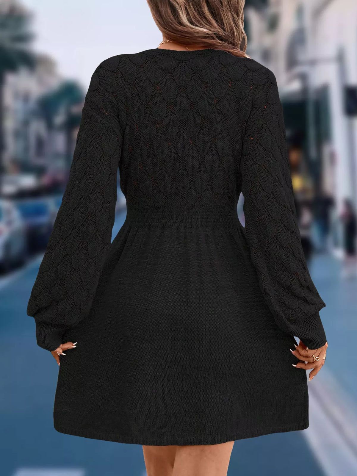 V-Neck Long Sleeve Sweater Dress with Openwork