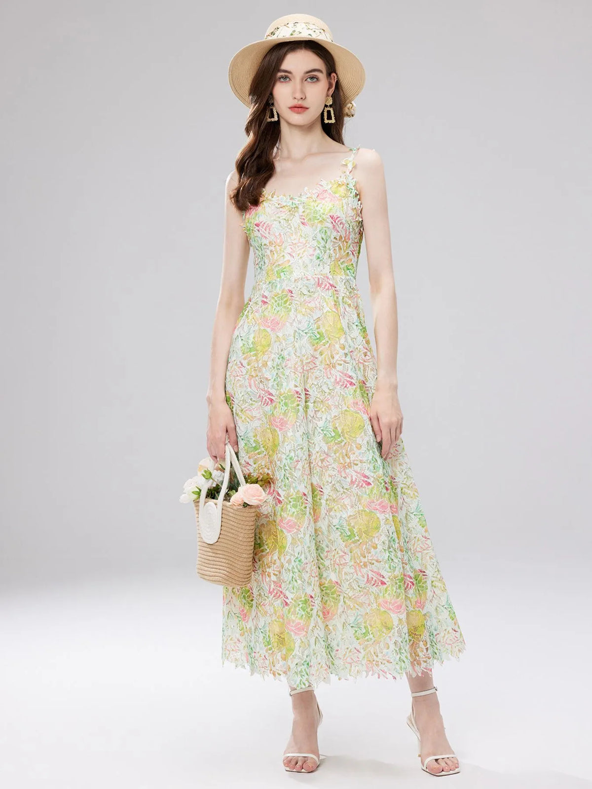 Floral Lace V-Neck Midi Dress